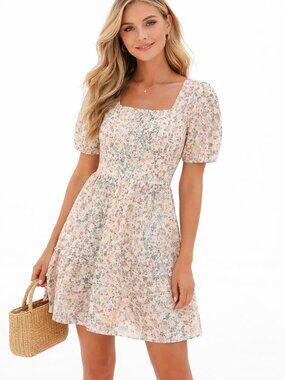 Adelyn Rae Floral Tiered Mini Dress Cottagecore Coquette Girl Puff Sleeve Size M